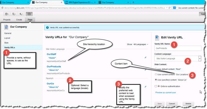 Three aspects of Vanity URL creation.